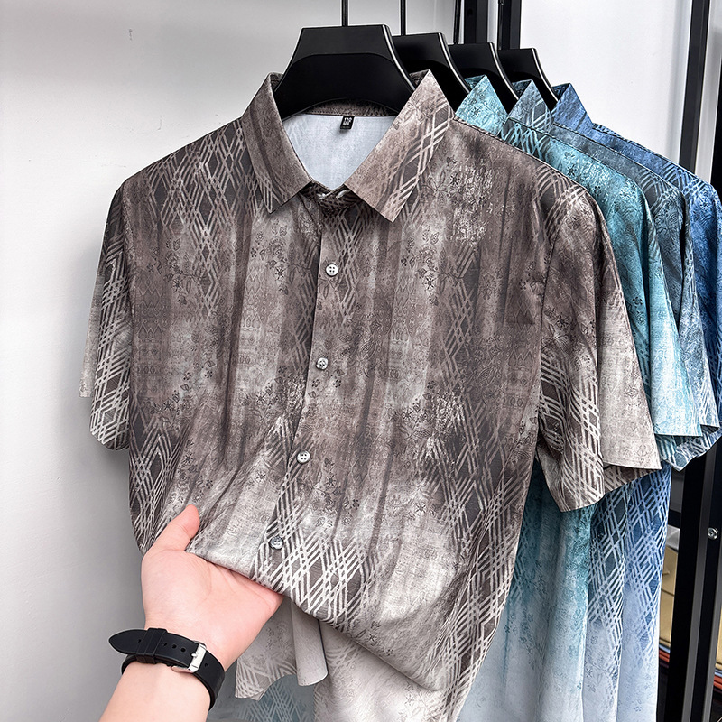 Cross-Border Ice Silk Shirt for Men, Printed Trendy Beach Casual Summer New Style, Loose Elastic Light Luxury Men's Shirt