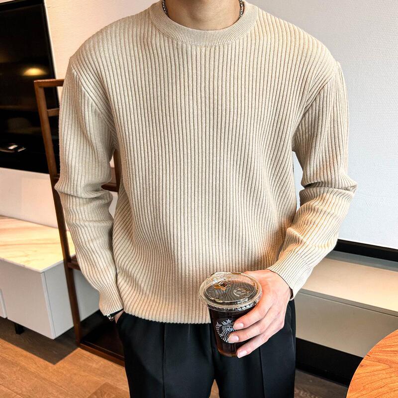 Comfortable Fabric Round Neck Striped Sweater Men's Long Sleeve Winter New Trendy Casual Versatile Slightly Wide Knit Base Shirt Comfortable Fabric Round Neck Striped Sweater Men's Long Sleeve Winter New Trendy Casual Versatile Slightly Wide Knit Base Shirt