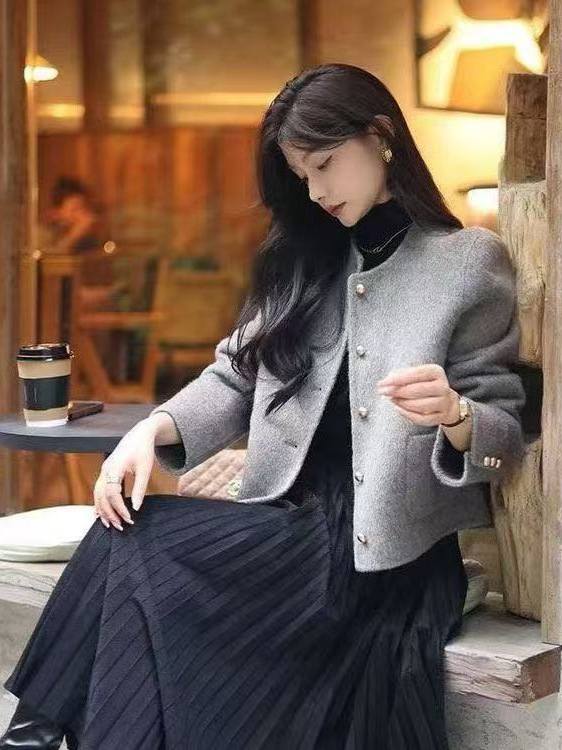 哥家商场同款女装2025秋季韩系灰色小香风外套女毛呢单面呢上衣|undefined