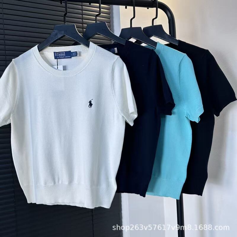 High-Quality/Scanable Qr Code Rl Pony Embroidery Classic Knit Short-Sleeve Slim-Fit Solid Color Versatile Crew Neck Top