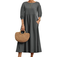 亚马逊2025长袖棉麻休闲宽松女士连衣裙