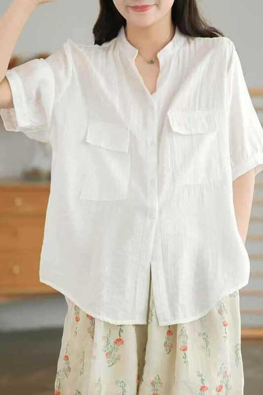 Japanese Mori Women's Summer New Solid Color V-neck Lap Pocket Women's Short-sleeved Shirt Cardigan Top