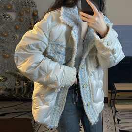 小香风拼接棉服女冬2024年新款感小众棉衣棉袄外套短款小个子