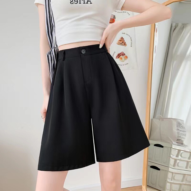 Black Suit Shorts Women's Summer Thin Loose High Waist A- shaped Slim Look Wide Leg Casual Shorty Five-point Medium Pants