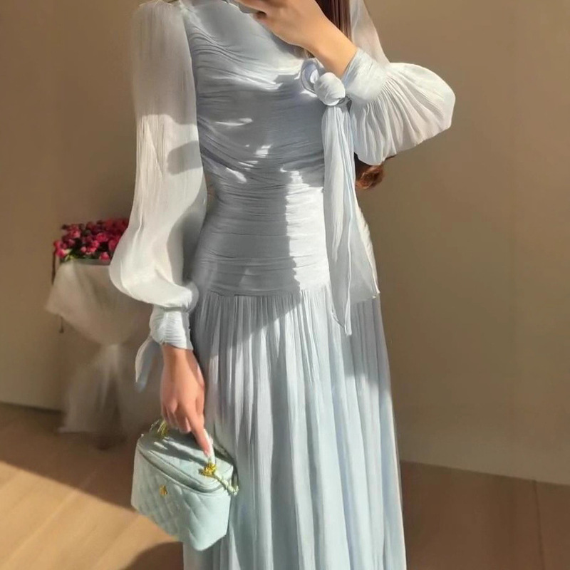 跨境欧美外贸女装2025秋季新款褶皱长袖裙收腰法式冷淡淑女连衣裙|undefined