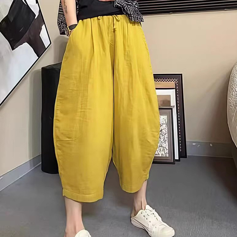 Loose Large Size Double-Layer Cotton Gauze Versatile Casual Balloon Pants for Women with Elastic Waist, Slimming Look and Age-Reducing Three-Quarter Wide-Leg Pants Loose Large Size Double-Layer Cotton Gauze Versatile Casual Balloon Pants for Women with Elastic Waist, Slimming Look and Age-Reducing Three-Quarter Wide-Leg Pants