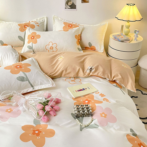 Ins Spring Fresh Skin-friendly Aloe Cotton Four-piece Set Flocked Sheet Set and Comforter Set Student Dormitory Bed Three-piece Set