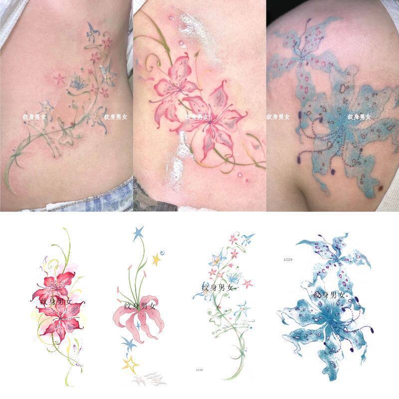 Spring Lily Bouquet Watercolor Floral Tattoo Sticker Waterproof Fresh Artistic Design Niche Waist Color Tattoo