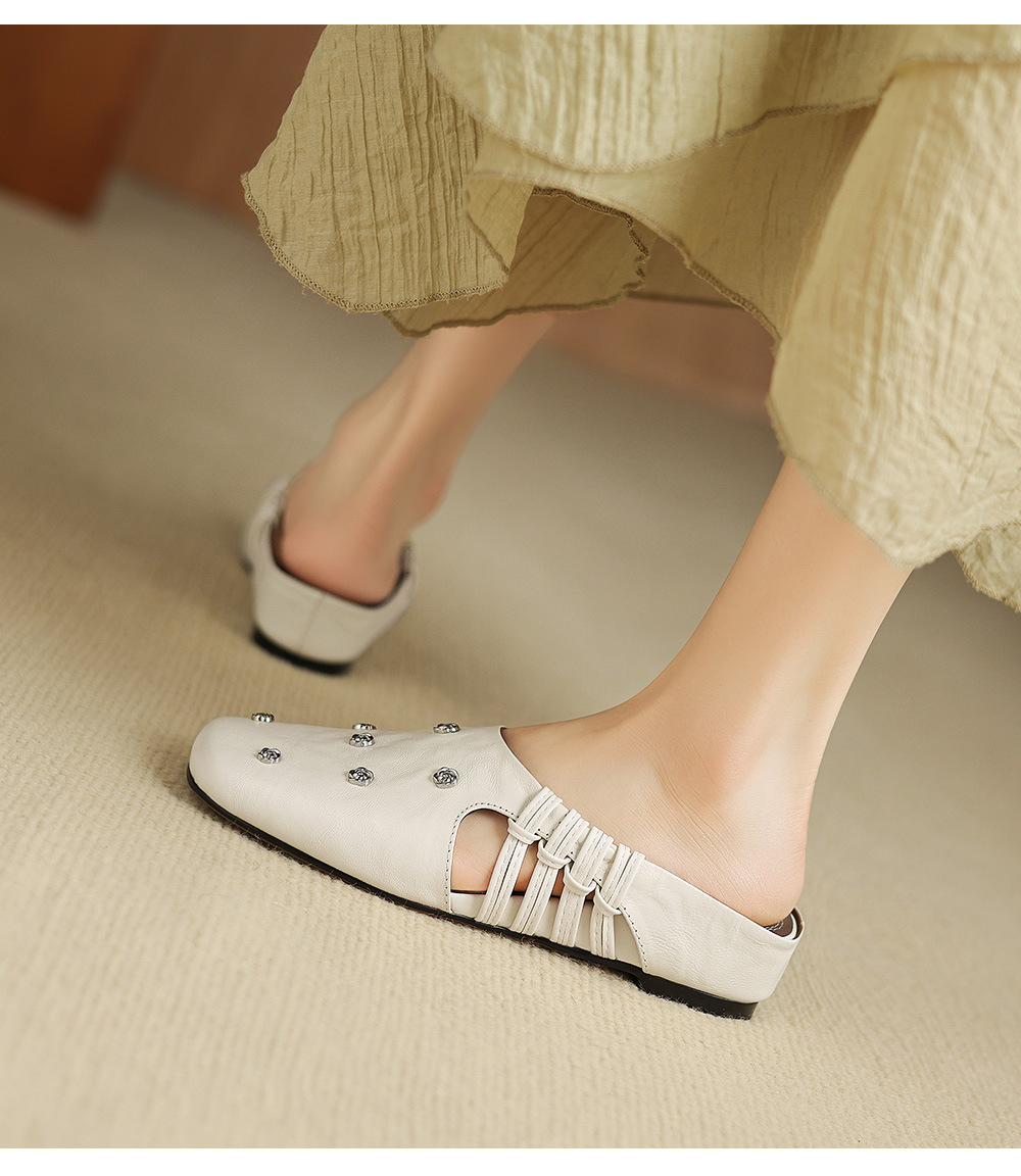 Dép sandal nữ quai chữ V mũi hoa, gót xuồng da dê, đế bệt thoải mái — đen chi tiết 7
