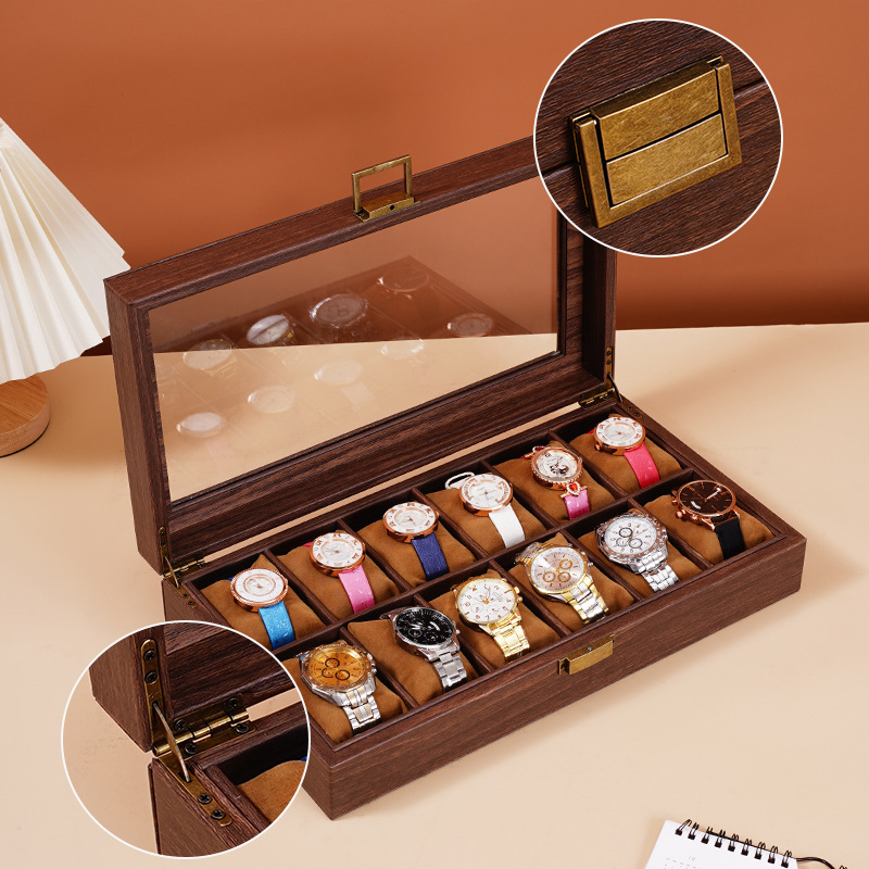 Caja de almacenamiento de reloj de cuero de veta de madera retro Caja de reloj múltiple Reloj de alta gama Reloj mecánico Caja de joyería Hogar de gran capacidad image 4
