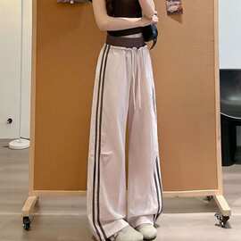 粉色速干工装裤女夏季高腰设计感宽松直筒休闲酷飒风条纹运动卫裤