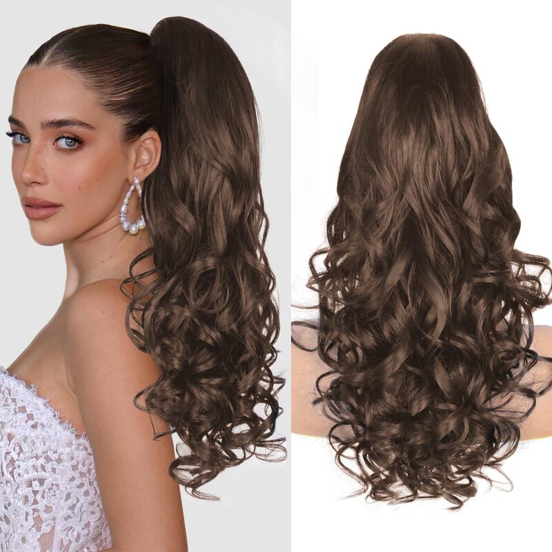 Long Curly Wavy Clip-In Ponytail Hair Extension Synthetic Layered Ponytail Hair Piece (Color: Chocolate Color)