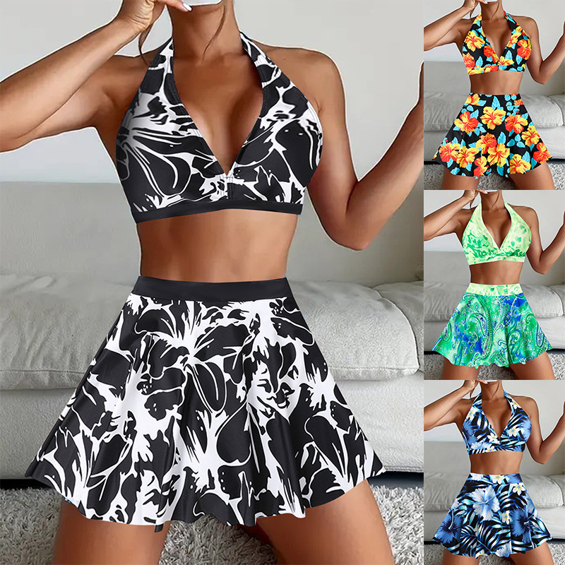 2025 New European and American Printed Split Bikini Summer Skirt Swimsuit Amazon Swimsuit AliExpress