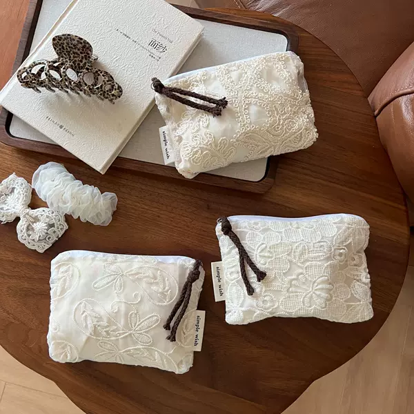 [Soohee Cloth Bag] French Literary Retro Lace Embroider Mini Cotton Bag Coin Purse Sanitary Napkin Storage Bag