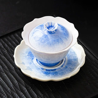 厂家结晶釉海蓝葵口盖碗茶杯高档三才陶瓷泡茶碗带盖功夫茶具防烫