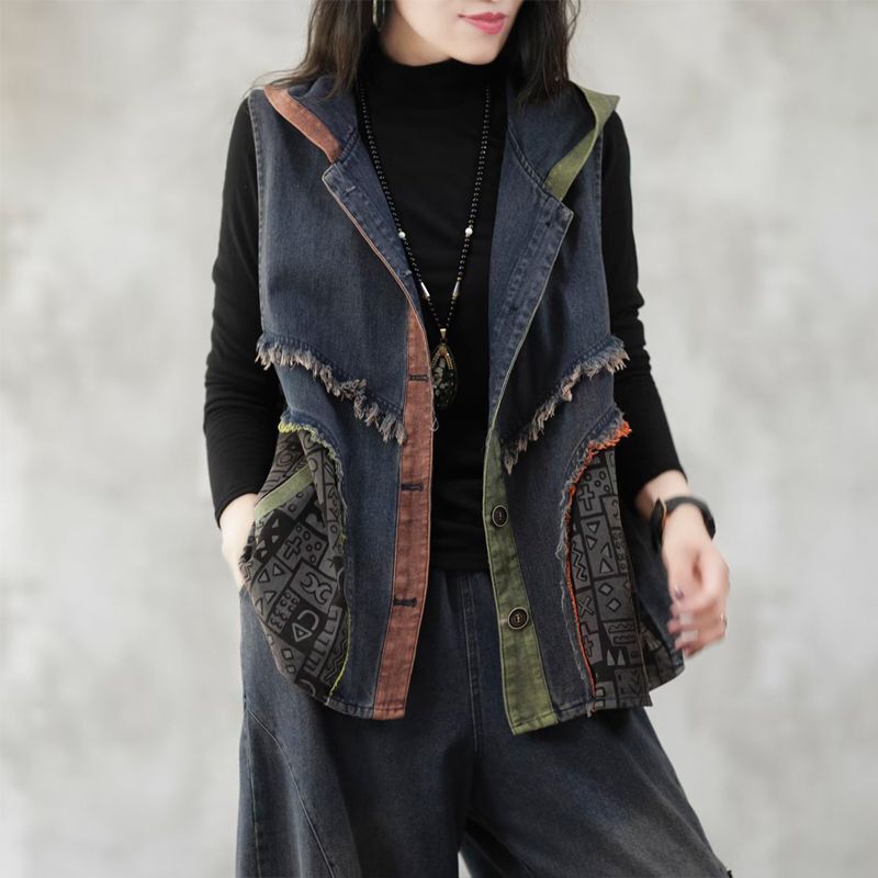 45.00 kg-105.00 kg plus size meat covering Denim vest hooded contrast color stitching Burr casual Denim vest for women 45.00 kg-105.00 kg plus size meat covering Denim vest hooded contrast color stitching Burr casual Denim vest for women