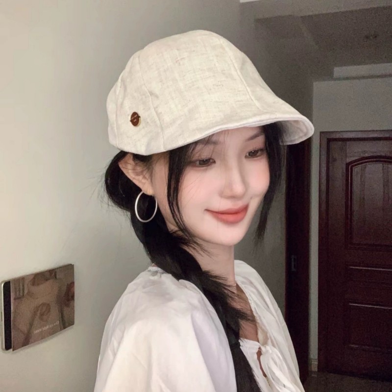 春夏复古纯色棉麻鸭舌前进帽子女显脸小轻薄透气个性贝雷帽报童帽|undefined