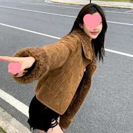 咖色羊羔外套皮毛一体新款复古拉德保暖上衣小个子毛毛短款外套