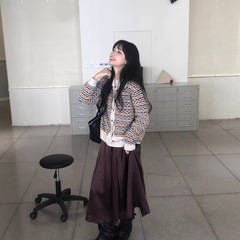 H.one-秋上新彩虹polo领毛衣排扣针织开衫2025复古彩虹翻领毛衣女