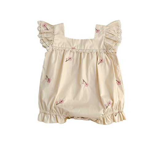 INS Summer Cute Baby Bodysuit with Lace Square Collar Embroidered Diaper Suit Cotton Sleeveless Hosiery Climbing Suit
