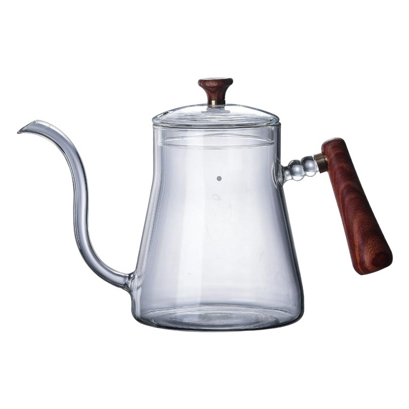 Café mano olla vidrio borosilicato cafetera olla a prueba de calor mango de madera transparente hervidor fábrica hecho a mano