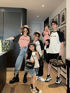 夏季新款亲子装韩版撞色短袖Tt恤一家三四口家庭装休闲活动表演服
