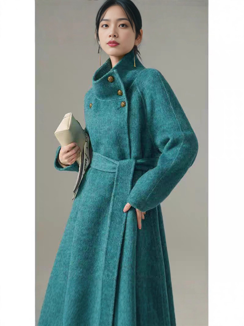 Lanyu Bay 100% Handmade Double-Sided Wool Long Outwear Blue Elegant Classic Cloak Winter Woolen Outwear for Women