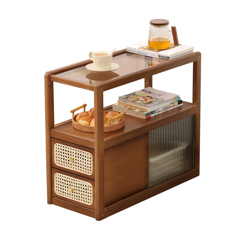 Vidrio de estilo japonés mesa lateral móvil sofá de ratán lado del gabinete del lado del Gabinete sala de estar nogal pequeña mesa de café Mesa de la esquina nuevo