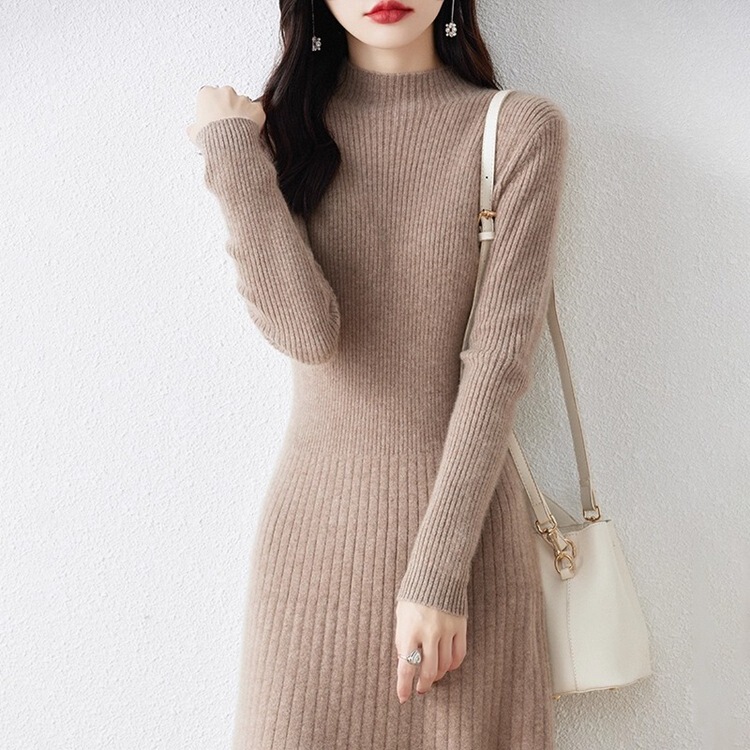 半高领贴身连衣裙女修身2025秋冬款针织长裙显瘦过膝超长毛衣裙|undefined