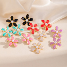 外贸复古花朵珍珠耳钉女精致滴油设计不锈钢耳环气质百搭日常耳饰