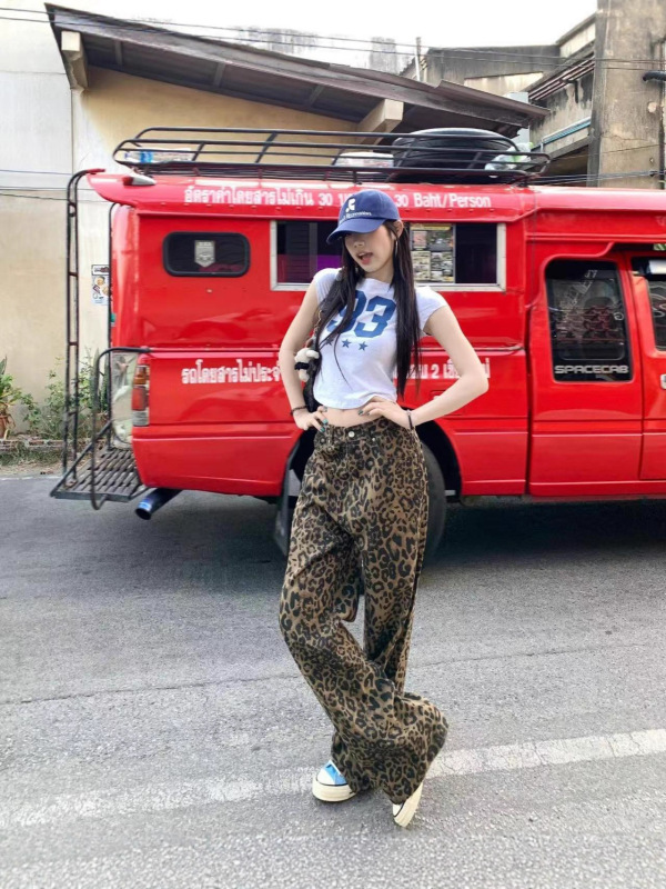 FSY高腰街头日系咖棕豹纹阔腿裤小众设计感复古辣妹直筒牛仔裤女|undefined