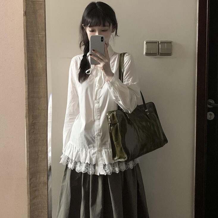 College Style Korean Style Lace Splicing White Shirt Women's Spring and Autumn New Design Shirt Long-Sleeved Top