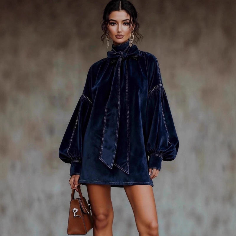 Women's Western Retro Style Autumn and Winter New Suede Dress 2025 European and American New Style High Collar Bow Tie