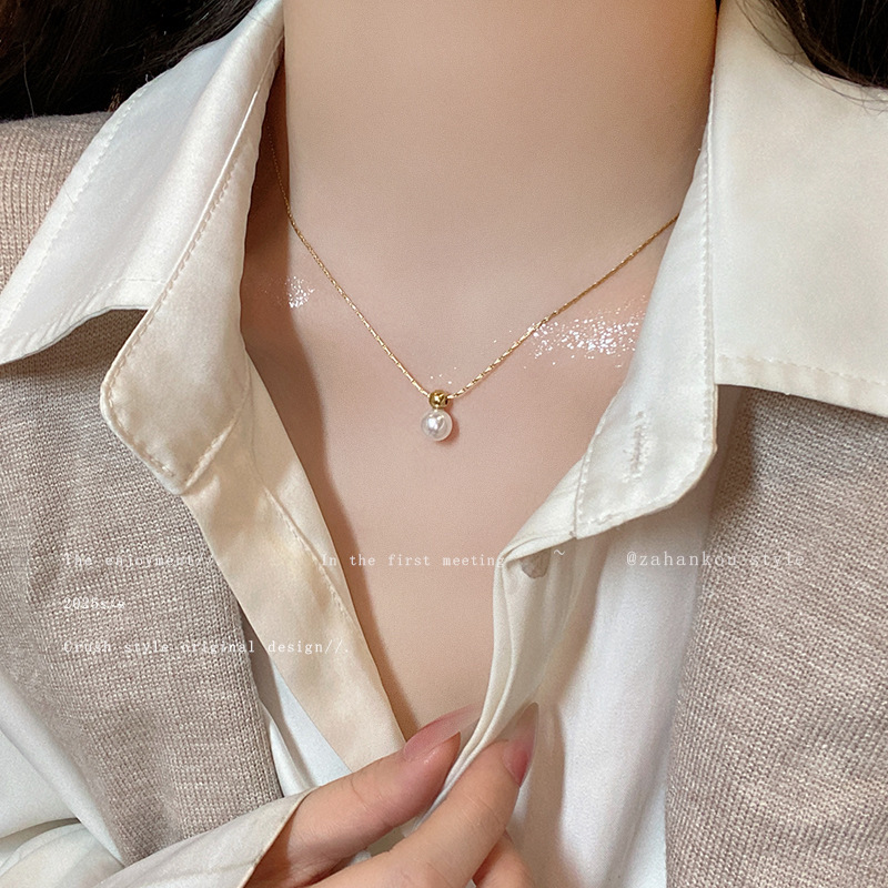 軽豪華小衆高級感真珠ネックレス女ins潮ファッション百合気質チタン鋼鎖骨鎖ネット赤首鎖