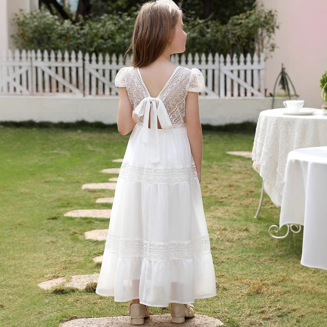 Girls' White Long Dress With Design Elegant Princess Dress Performance And Flower Girl Wedding Short Sleeved Polyester【Pre-sale | Ships In 15 Days】_voghion.com