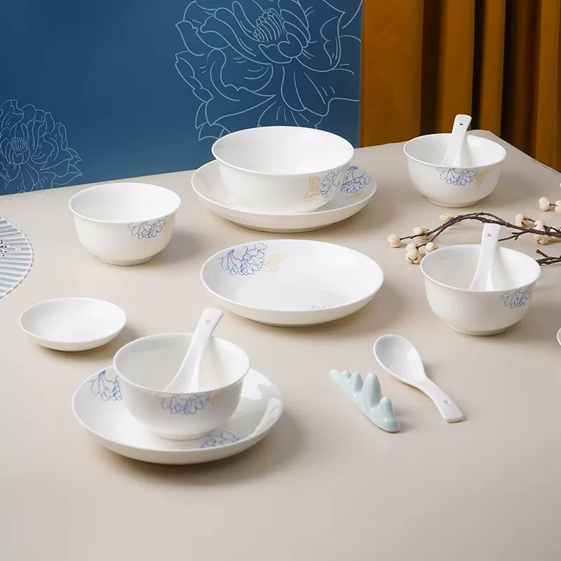 松发瓷器蓝宝牡丹中式宴席碗碟盘套装陶瓷餐具家庭聚会餐具盘摆台