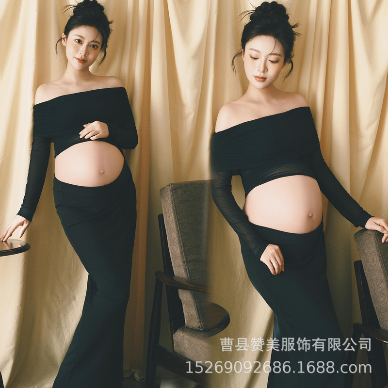 New Style Maternity Photo Outfits for Photo Studios, Indoor Simple Style with a High-End Feel, Black Dress for Pregnant Moms to Take Photos at Home