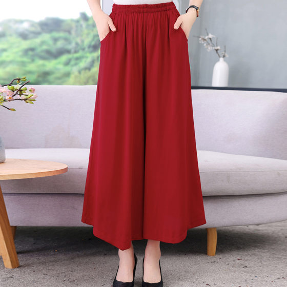 Spring and summer mother's elegant cotton silk wide-leg pants skirt women's middle-aged and elderly culottes high waist casual pants cropped pants