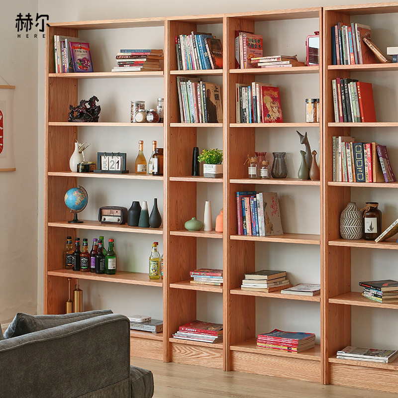 Solid Wood Combination Bookshelf, Whole Wall Assembly, Red Oak and Cherry Wood, Simple Bookshelf, Storage and Display Rack