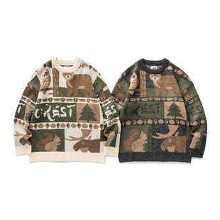 North Boundary Men's Clothing American Trendy Brand 2025 Autumn New Cute Bear Sweater Men's Unisex Casual Knitted Sweater