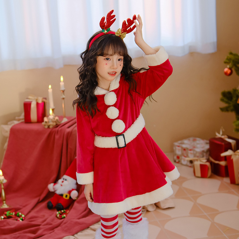 日本版クリスマス子供服ヘラジカワンピース赤いスカート幼稚園女の子サンタクロース長袖|undefined