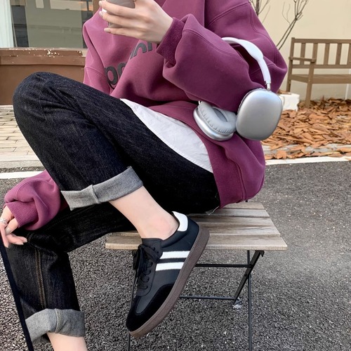 Grape mom retro flat bottom all-match sports lace-up color three-bar moral training shoes women's casual sneakers Forrest Gump white shoes