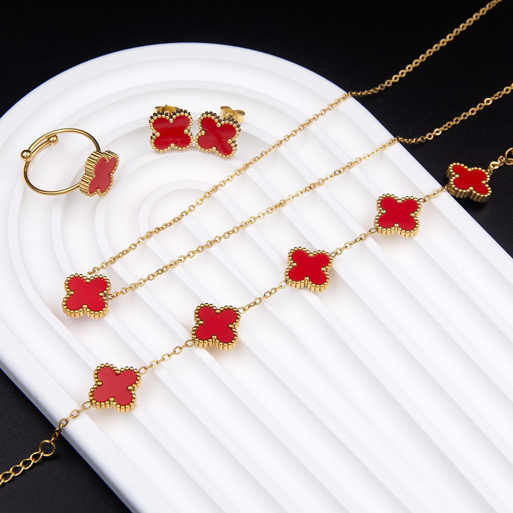 Cross-Border Popular Fashion Luxury Accessories with a High-End Feel: Stainless Steel Four-Leaf Clover Necklace, Bracelet, Earrings, and Ring Four-Piece Set