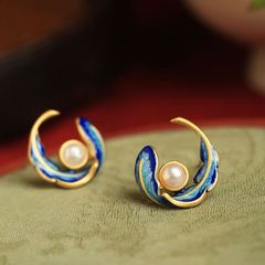 新商品は真珠の羽のピアスの女性の新しい中国風の耳飾りのエナメルの景泰の青い色の古風のイヤリングの装飾品に似せます。