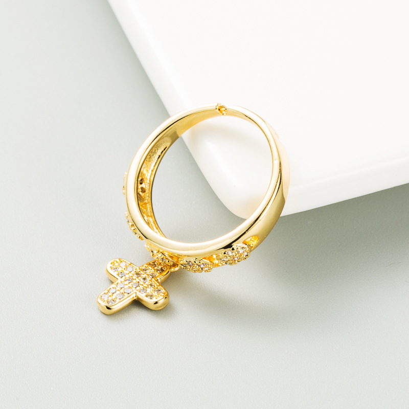 European And American Cross-border Fashion Copper Gold-plated Inlaid Zircon Cross Ring Opening Adjustable Ring display picture 5