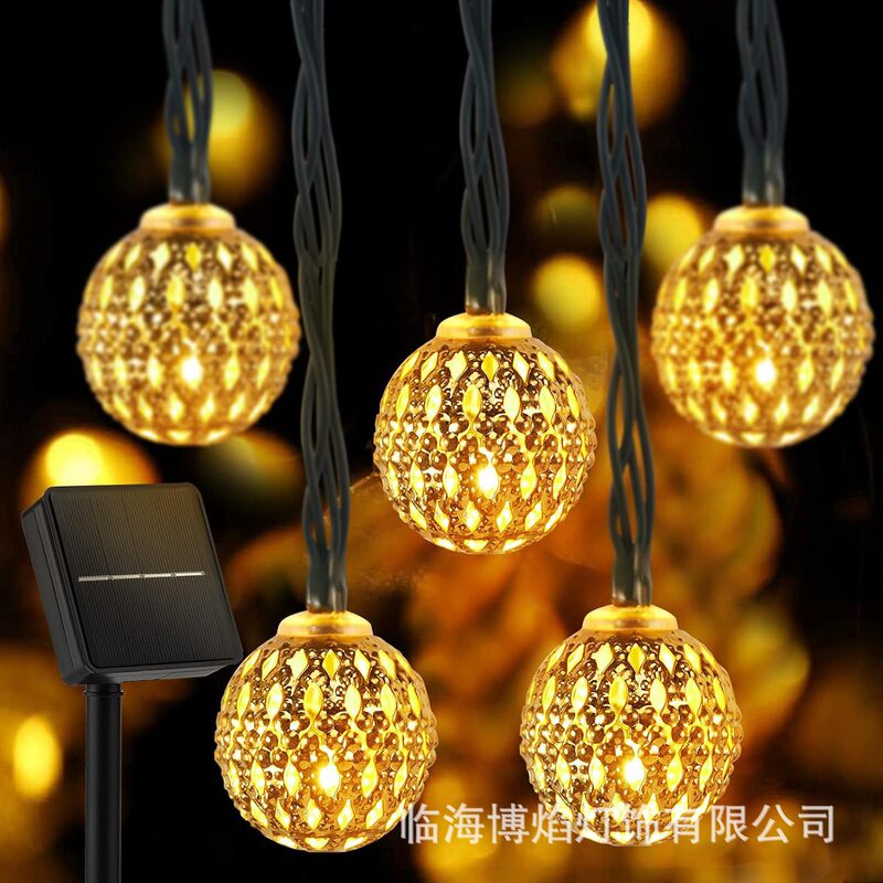 Christmas New Cross-Border Solar Outdoor Waterproof Led Moroccan Light String Cut Out Ball Lantern Iron Round Ball