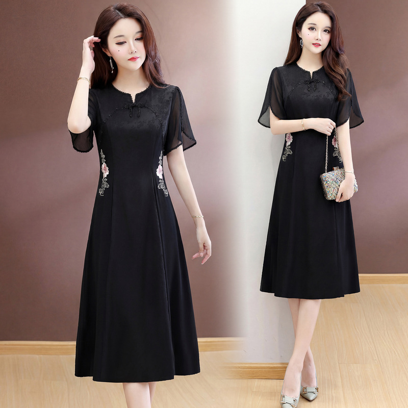 Dropshipping Mom's Summer Dress Chinese Style Short-Sleeved Elegant Women's Summer Dress New Style Cheongsam Dress Mid-Length Dress Dropshipping Mom's Summer Dress Chinese Style Short-Sleeved Elegant Women's Summer Dress New Style Cheongsam Dress Mid-Length Dress
