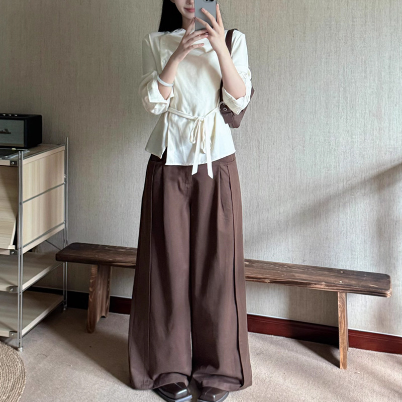 法式设计【时宜】简约不对称荡领斜门襟绑带收腰上衣女高质感衬衫|undefined