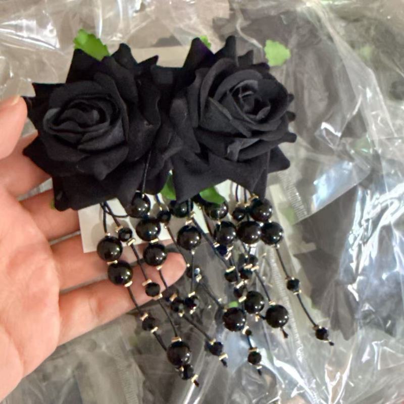 カラフルな立体的な大きな花のタッセルペンダントイヤリング、誇張されたロングスタイル、模擬花の手作りローズイヤリング、クロスボーダー|undefined