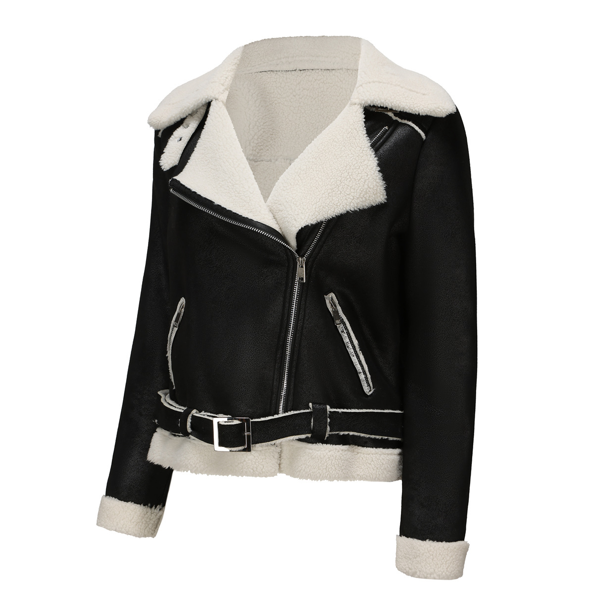 Cappotto con bavero da donna in pelle con pelliccia calda integrata autunno/inverno 2024 con cintura_voghion.com